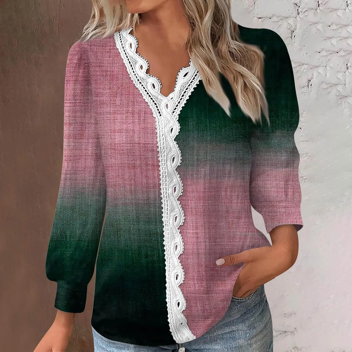 Womens Tops 2023 Casual Lace Button Down Open Front Cardigan Patchwork Color Long Sleeve V Neck Sweatshirt For Women