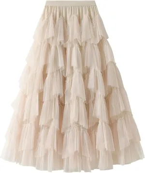 Women's Tulle Skirt Fairy Elastic Waist Layered A-Line Midi Ruffle Mesh Skirt Long Skirt
