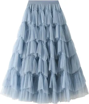 Women's Tulle Skirt Fairy Elastic Waist Layered A-Line Midi Ruffle Mesh Skirt Long Skirt