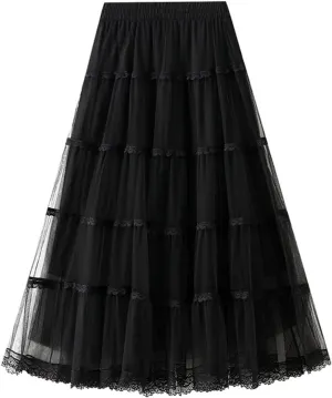 Women's Tulle Skirt Fairy Elastic Waist Layered A-Line Midi Ruffle Mesh Skirt Long Skirt