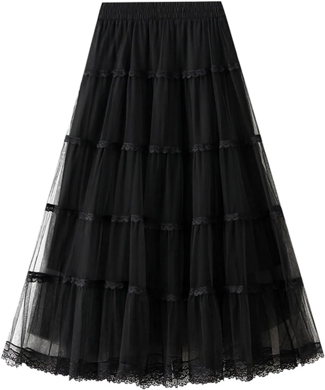 Women's Tulle Skirt Fairy Elastic Waist Layered A-Line Midi Ruffle Mesh Skirt Long Skirt