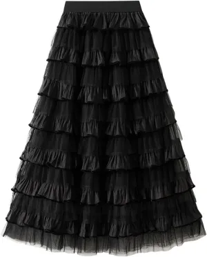 Women's Tulle Skirt Fairy Elastic Waist Layered A-Line Midi Ruffle Mesh Skirt Long Skirt