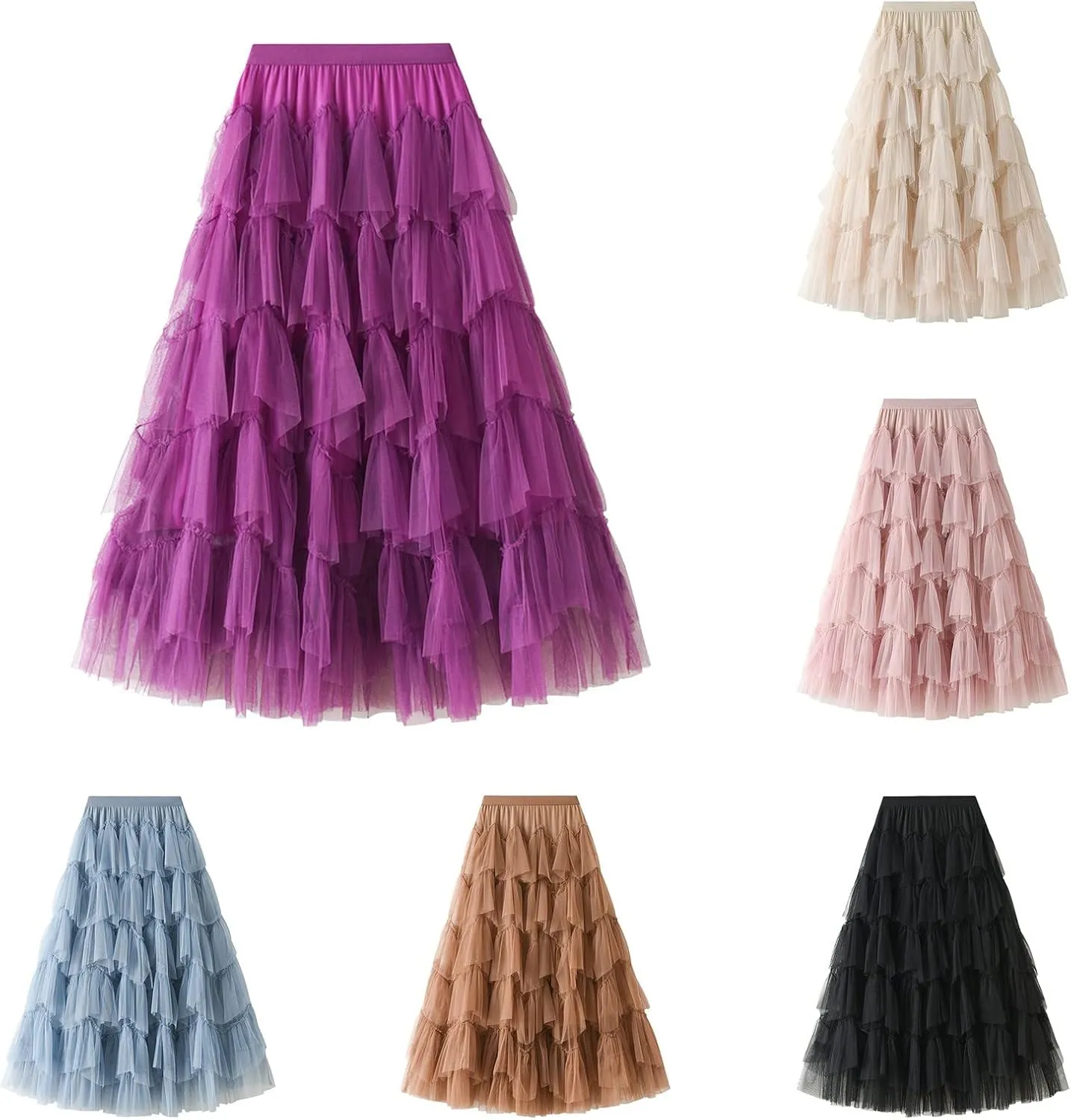 Women's Tulle Skirt Fairy Elastic Waist Layered A-Line Midi Ruffle Mesh Skirt Long Skirt
