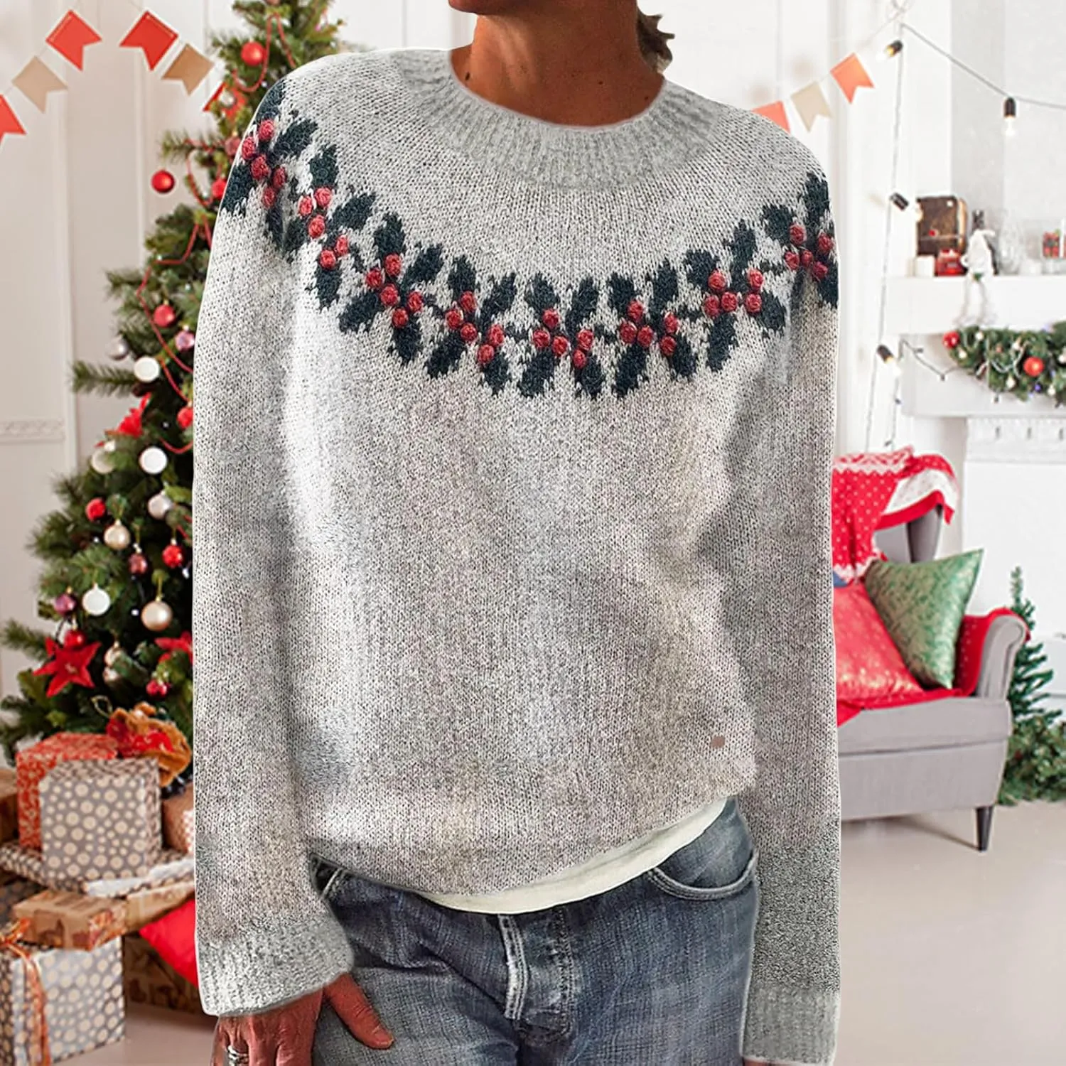 Womens Ugly Christmas Sweater Casual Long Sleeve Crewneck Pullover Holiday Knit Xmas Sweater Tops