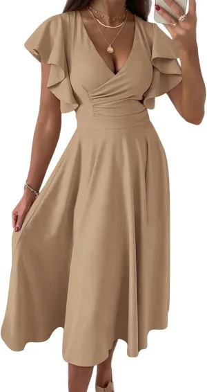 Womens V Neck Dress Ruffle Cap Sleeve Warp Elegant Midi Dress Summer Swing A Line Flared Cocktail Party Guest Dresses