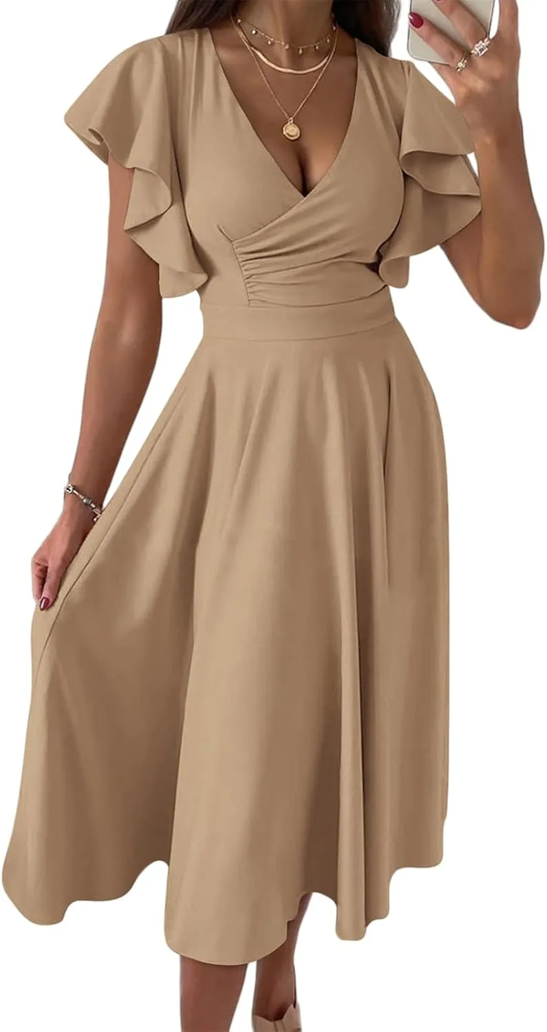 Womens V Neck Dress Ruffle Cap Sleeve Warp Elegant Midi Dress Summer Swing A Line Flared Cocktail Party Guest Dresses
