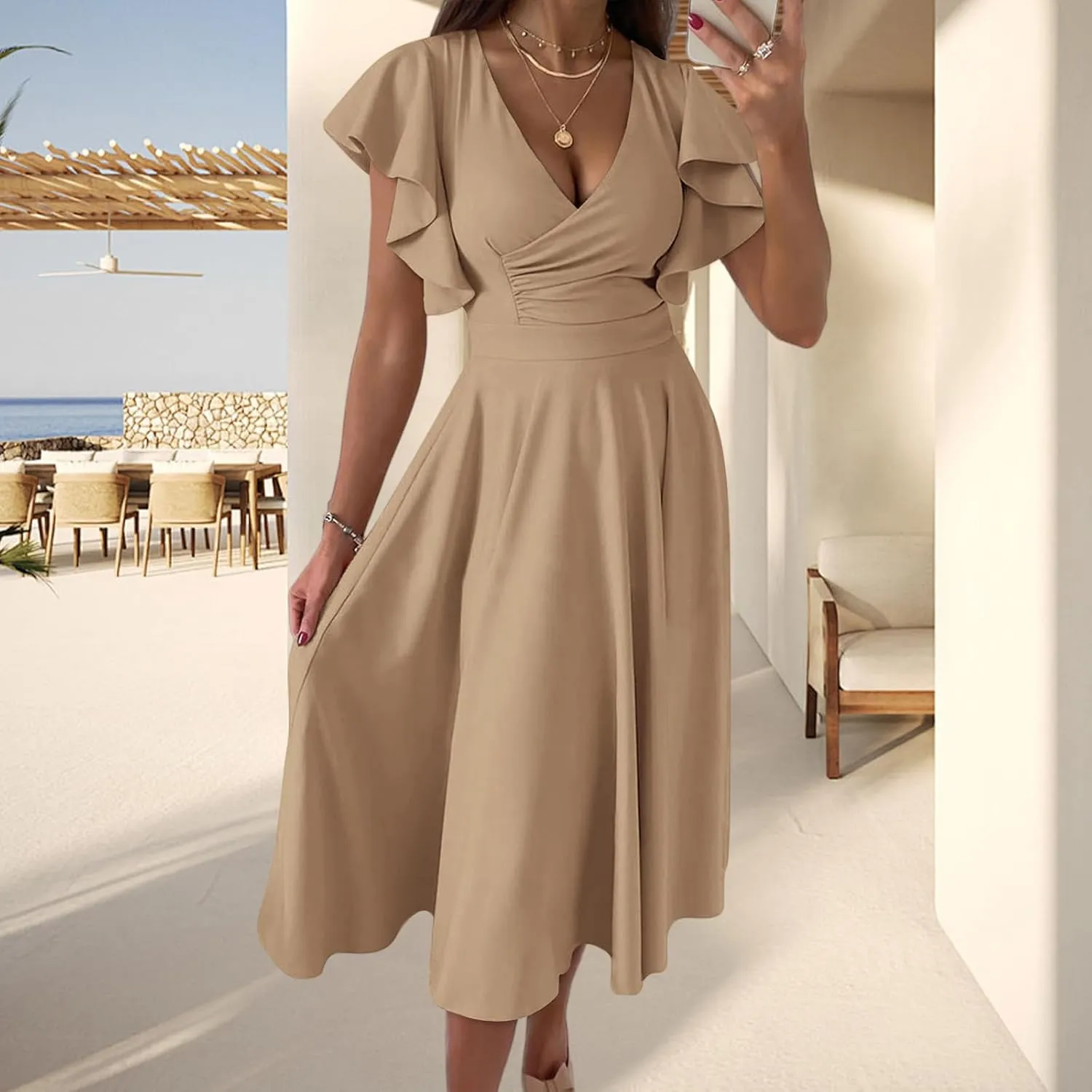 Womens V Neck Dress Ruffle Cap Sleeve Warp Elegant Midi Dress Summer Swing A Line Flared Cocktail Party Guest Dresses