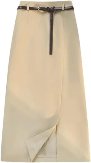 Women's Vintage Solid Color Front Split Skirts Summer High Waist A-Line Mid Skirts