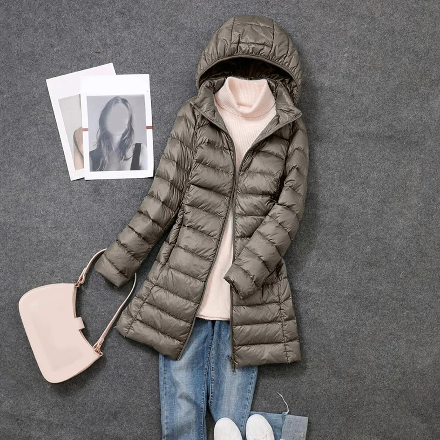 Women's Winter Packable Glossy Down Jacket Ultralight Long Down Outerwear Puffer Jacket Hooded Coat Full Zipper Parka