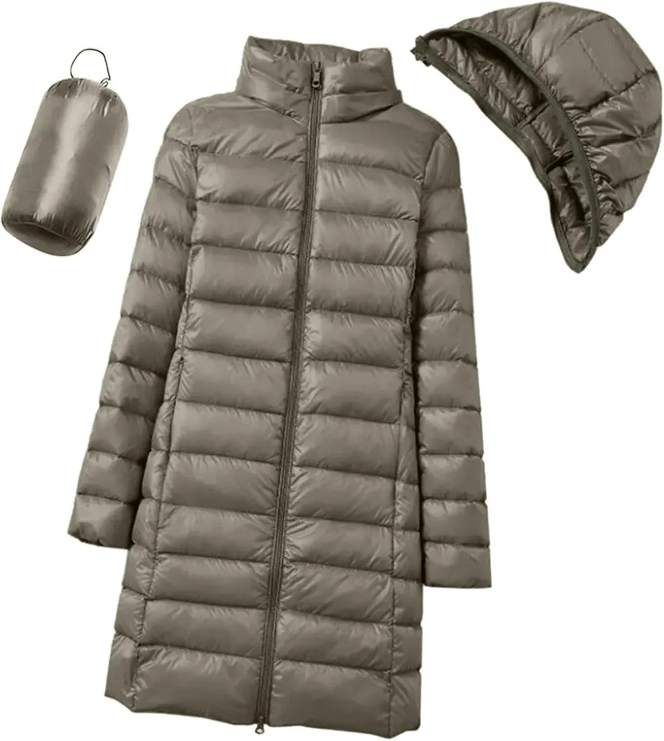 Women's Winter Packable Glossy Down Jacket Ultralight Long Down Outerwear Puffer Jacket Hooded Coat Full Zipper Parka