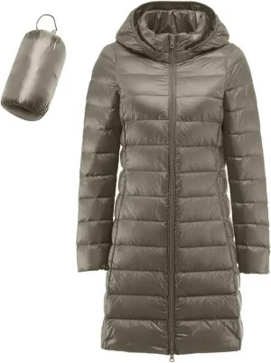 Women's Winter Packable Glossy Down Jacket Ultralight Long Down Outerwear Puffer Jacket Hooded Coat Full Zipper Parka