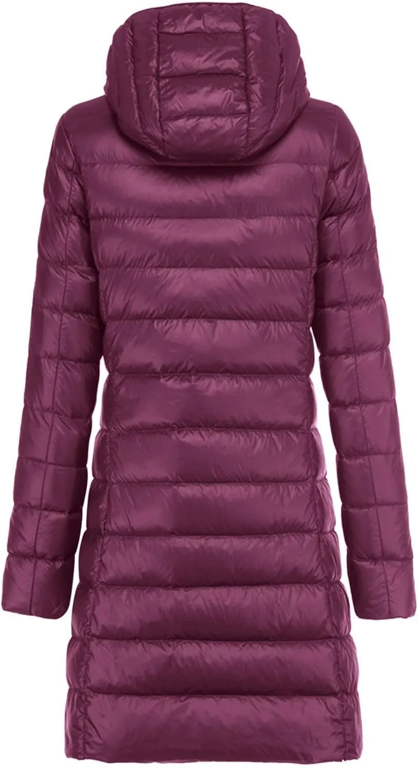Womens Winter Simple Solid Zipper Long Puffer Coat Hooded Long Sleeve Quilted Down Coat Casual Warm Fitted Overcoat