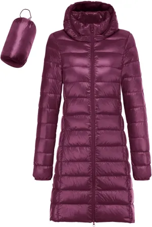 Womens Winter Simple Solid Zipper Long Puffer Coat Hooded Long Sleeve Quilted Down Coat Casual Warm Fitted Overcoat