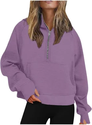 Womens Zip up Hoodies Oversized Sweatshirts Half Zip Cropped Pullover Fleece Preppy Clothes Fall Teen Girls Outfits