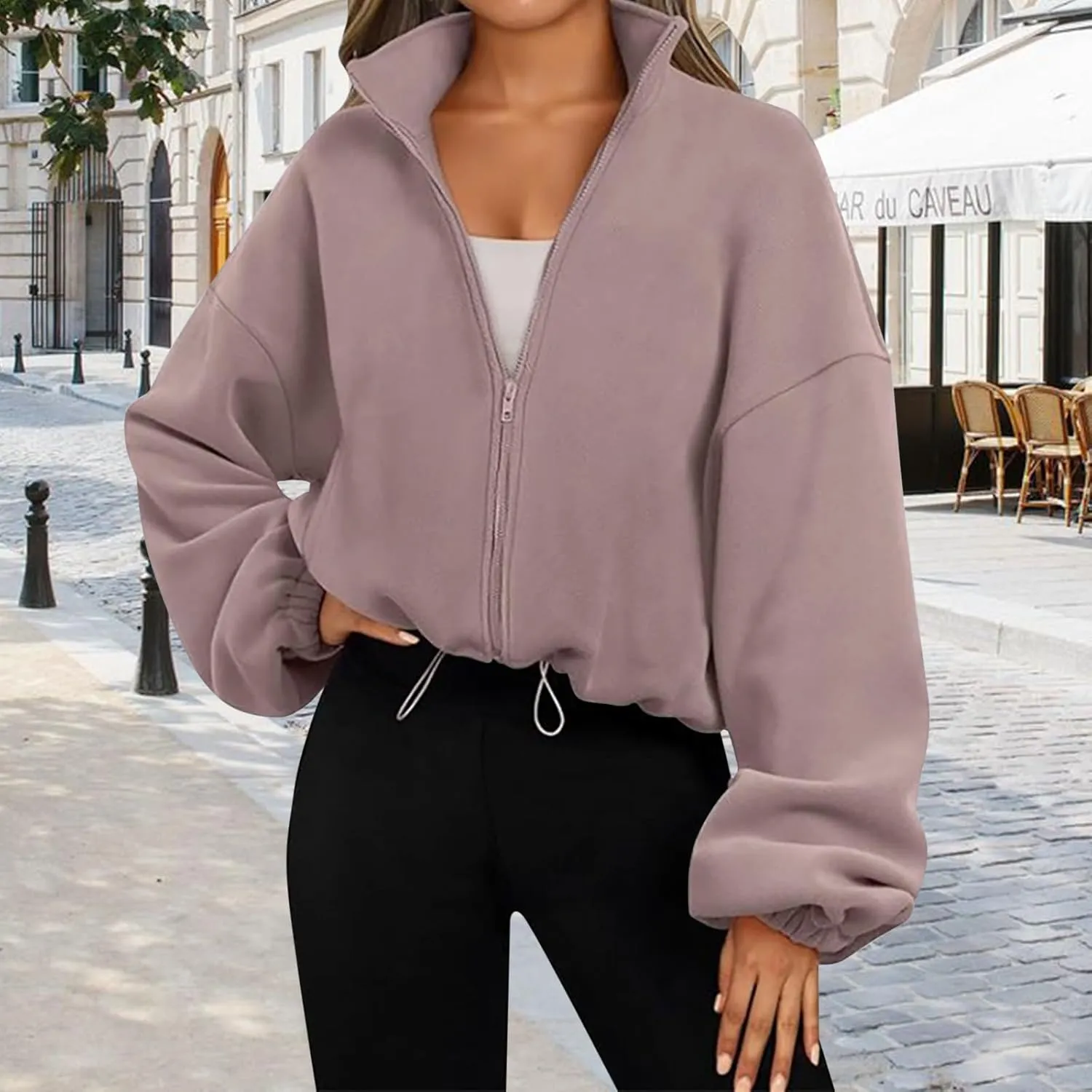 Womens Zip Up Hoodies Oversized Sweatshirts Long Sleeve Cropped Sherpa Jacket Fall Outfits Trendy Clothes 2024