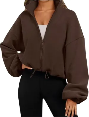 Womens Zip Up Hoodies Oversized Sweatshirts Long Sleeve Cropped Sherpa Jacket Fall Outfits Trendy Clothes 2024