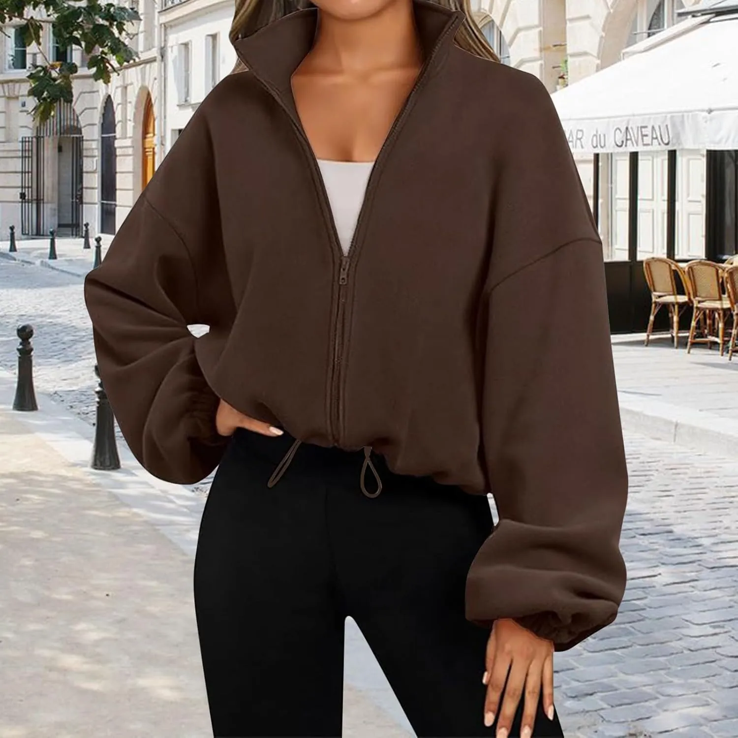 Womens Zip Up Hoodies Oversized Sweatshirts Long Sleeve Cropped Sherpa Jacket Fall Outfits Trendy Clothes 2024