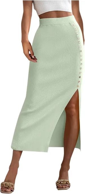 Work Skirts for Women Office High Waisted Wrap Skirt Side Slit Button Decor Elegant Sexy Midi Skirt for Business