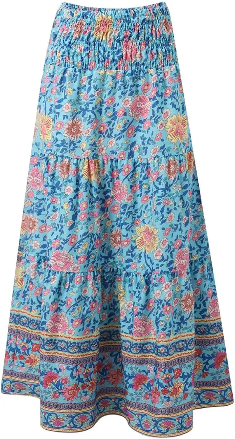 Workout Skirts for Women 2025 Summer Bohemian Floral Skirt High Elastic Waist Renaissance Skirt for Vacation Clothes