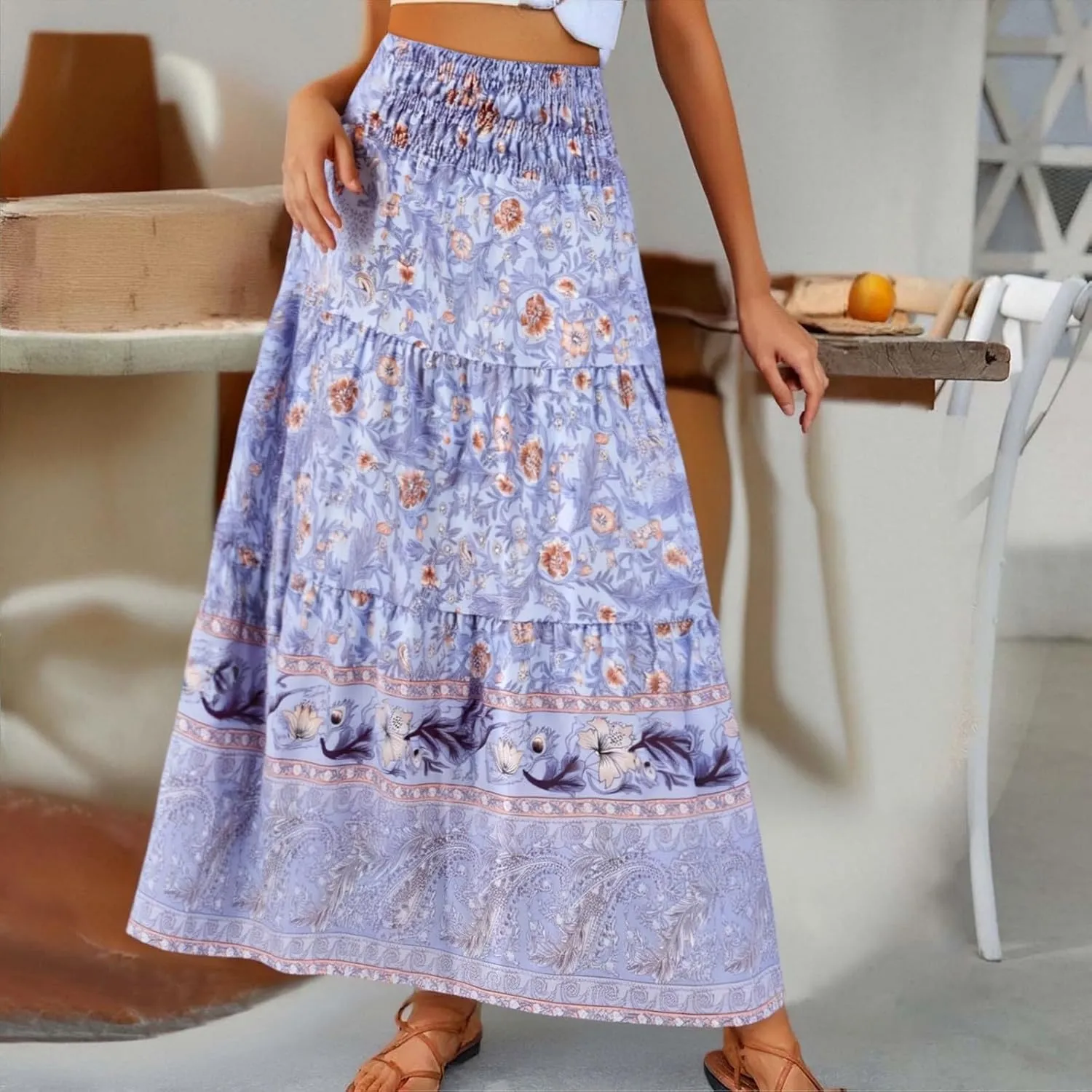 Workout Skirts for Women 2025 Summer Bohemian Floral Skirt High Elastic Waist Renaissance Skirt for Vacation Clothes