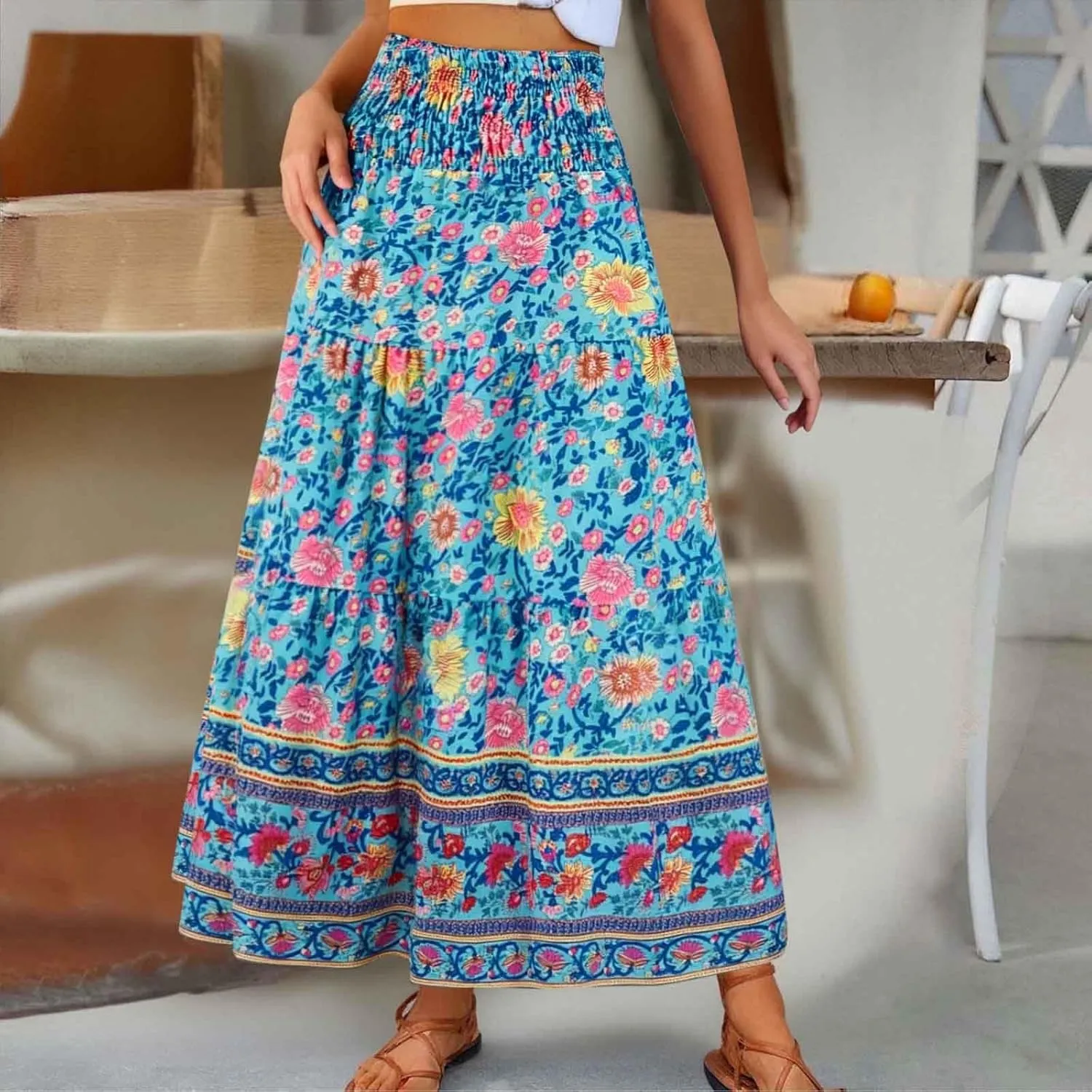 Workout Skirts for Women 2025 Summer Bohemian Floral Skirt High Elastic Waist Renaissance Skirt for Vacation Clothes