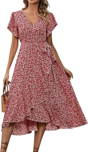 Wrap Dresses for Women 2025 Summer Sexy V Neck Short Sleeve Floral Dress High Waist Split Ruffle Boho Midi Dresses