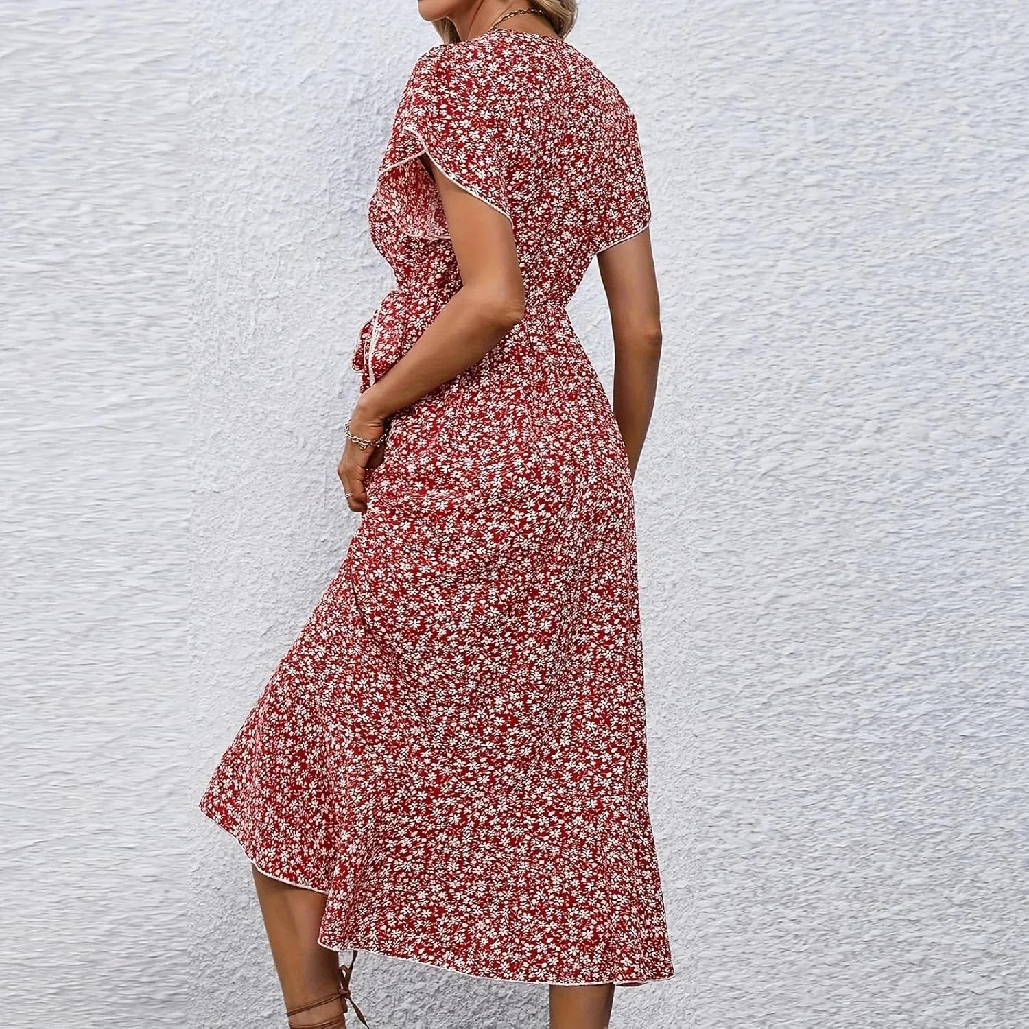 Wrap Dresses for Women 2025 Summer Sexy V Neck Short Sleeve Floral Dress High Waist Split Ruffle Boho Midi Dresses