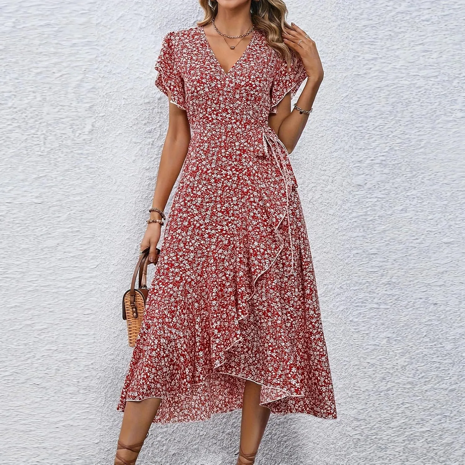 Wrap Dresses for Women 2025 Summer Sexy V Neck Short Sleeve Floral Dress High Waist Split Ruffle Boho Midi Dresses
