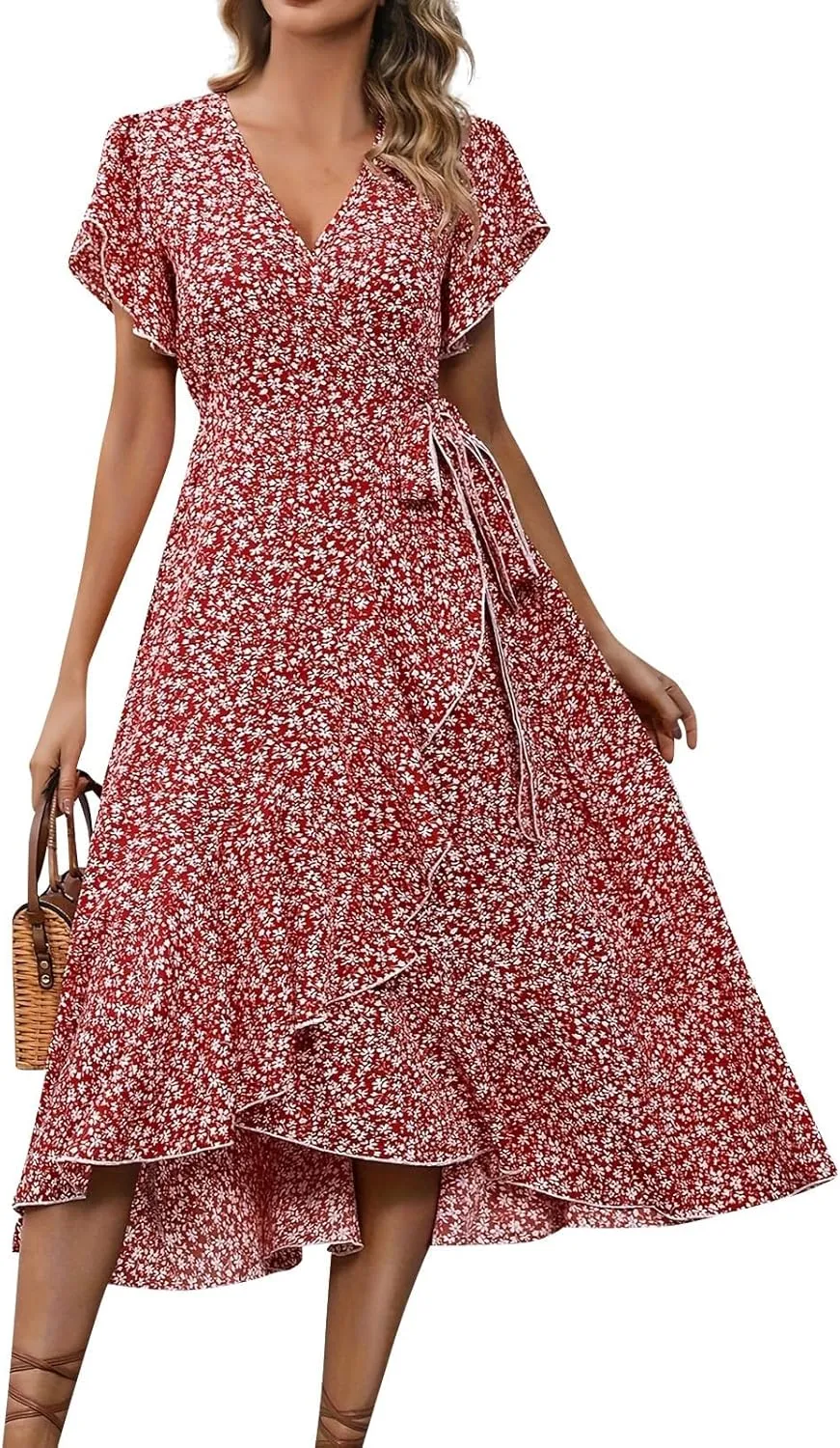 Wrap Dresses for Women 2025 Summer Sexy V Neck Short Sleeve Floral Dress High Waist Split Ruffle Boho Midi Dresses
