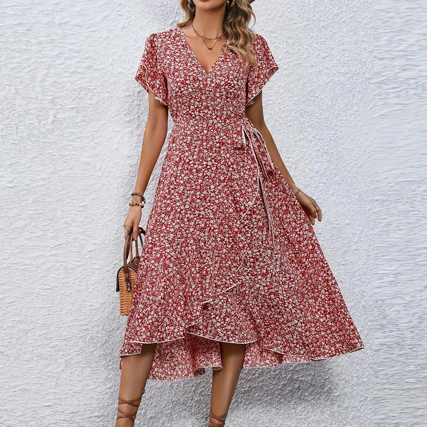 Wrap Dresses for Women 2025 Summer Sexy V Neck Short Sleeve Floral Dress High Waist Split Ruffle Boho Midi Dresses