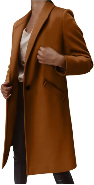 XUNRYAN Womens Classy Trench Coats Long Wool-Blend Jackets One Button Fashion Blazer Lapel Slim Petite Jackets Winter Fall