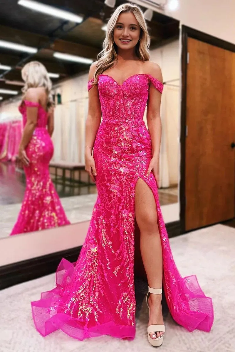 YMSHA Long Prom Dresses with Slit Off Shoulder Sequin Mermaid Lace Formal Gowns YMS342