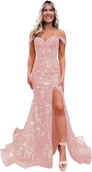 YMSHA Long Prom Dresses with Slit Off Shoulder Sequin Mermaid Lace Formal Gowns YMS342