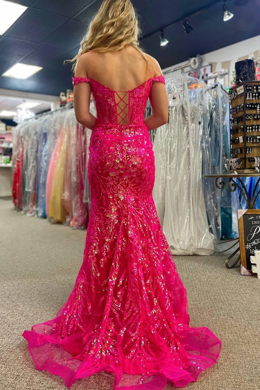 YMSHA Long Prom Dresses with Slit Off Shoulder Sequin Mermaid Lace Formal Gowns YMS342