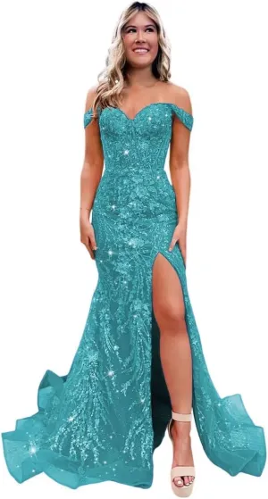 YMSHA Long Prom Dresses with Slit Off Shoulder Sequin Mermaid Lace Formal Gowns YMS342