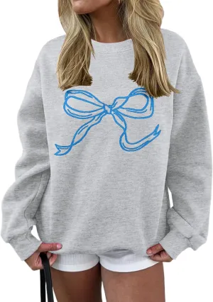 Ythomm Women’s Bow Graphic Sweatshirts Oversized Crewneck Drop Shoulder Pullover Sweatshirt Long Sleeve Tops 2024 Fall Outfit