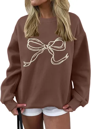 Ythomm Women’s Bow Graphic Sweatshirts Oversized Crewneck Drop Shoulder Pullover Sweatshirt Long Sleeve Tops 2024 Fall Outfit