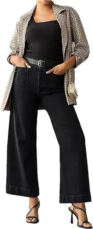Zelobia Pants, Cropped Wide-Leg Patch Pocket Jeans, Washed Stretch High Waisted Flared for Women