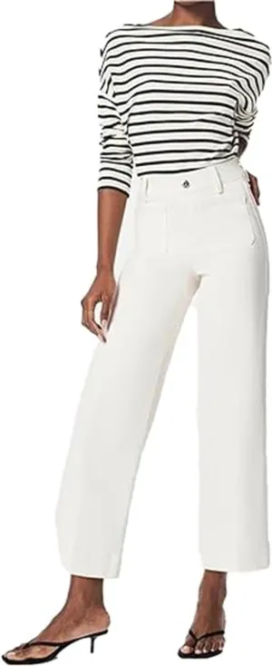 Zelobia Pants, Cropped Wide-Leg Patch Pocket Jeans, Washed Stretch High Waisted Flared for Women
