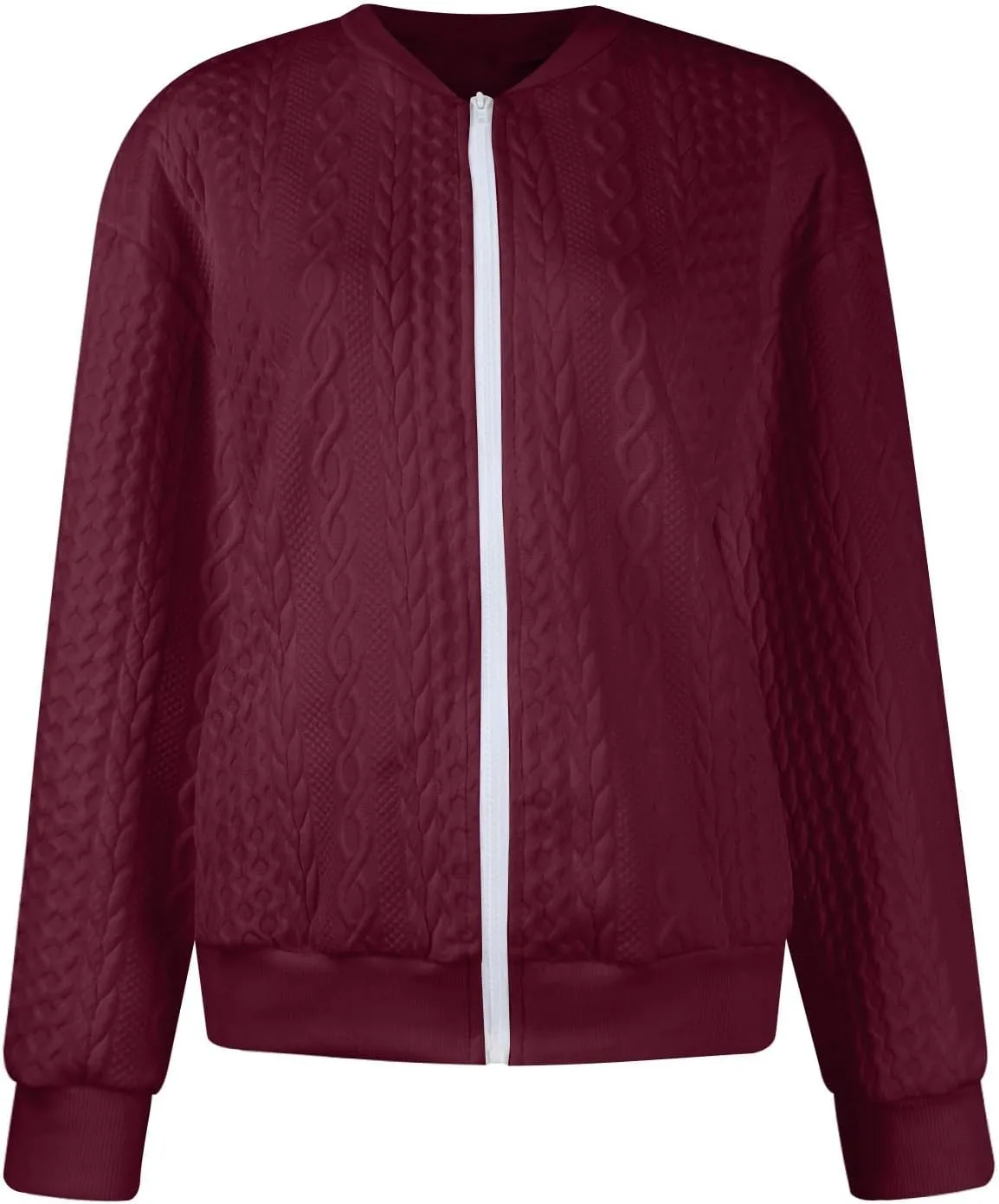 Zip Up Jackets for Women Lightweight Cable Knit Bomber Jacket Long Sleeve Jacquard Coatigan Casual Loose Outwear Coats