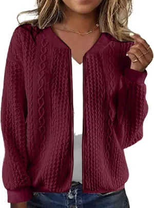Zip Up Jackets for Women Lightweight Cable Knit Bomber Jacket Long Sleeve Jacquard Coatigan Casual Loose Outwear Coats
