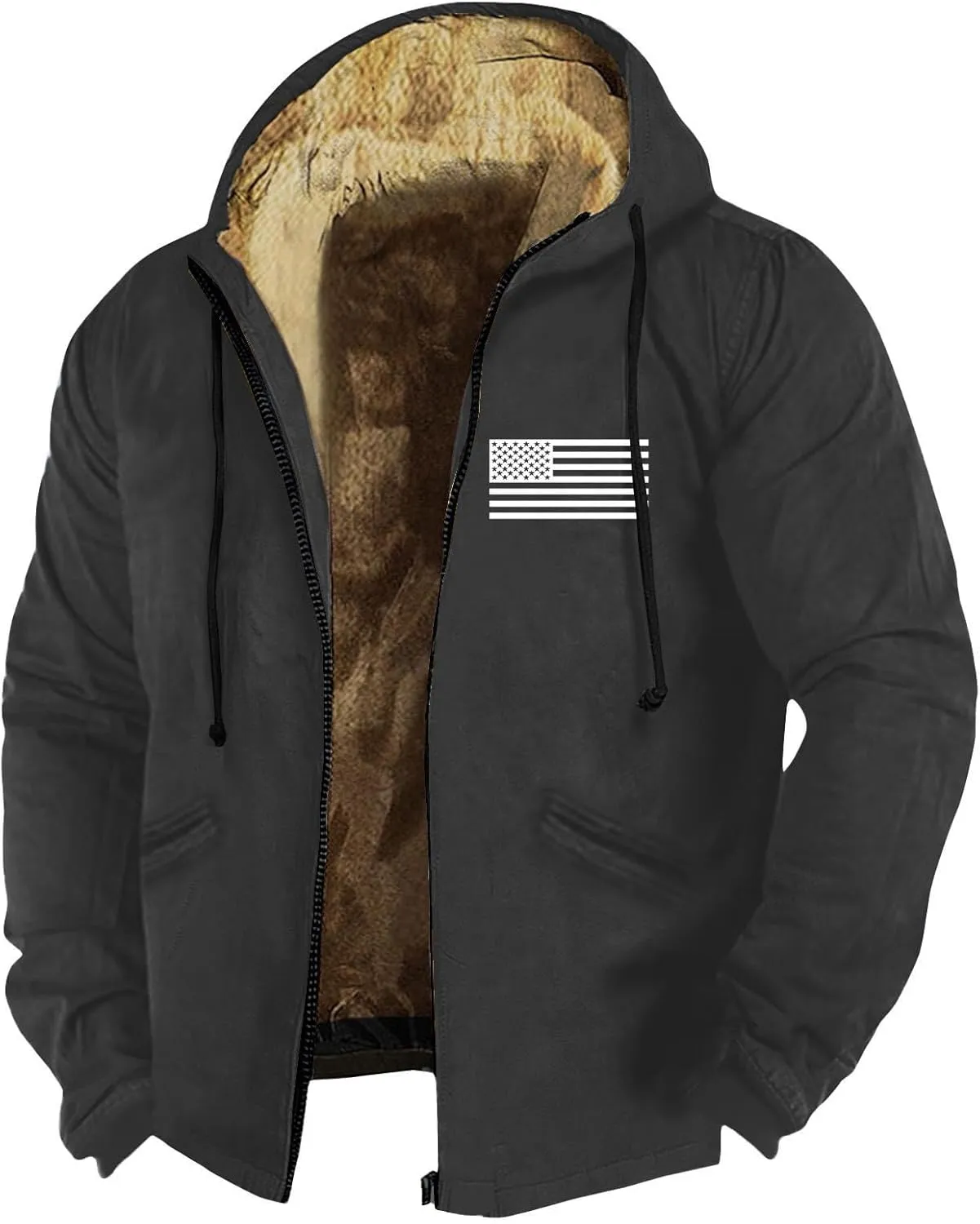 Zipper Hoodies for Men American Flag Print Sherpa Lined Flannel Hoodie Warm Cotton Fleece Jacket Fall Fashion Coat