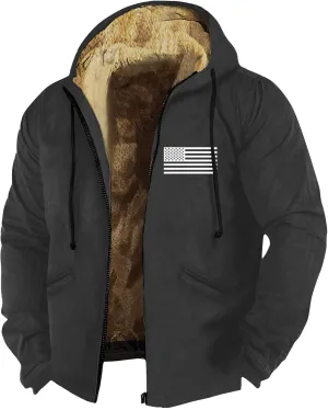 Zipper Hoodies for Men American Flag Print Sherpa Lined Flannel Hoodie Warm Cotton Fleece Jacket Fall Fashion Coat