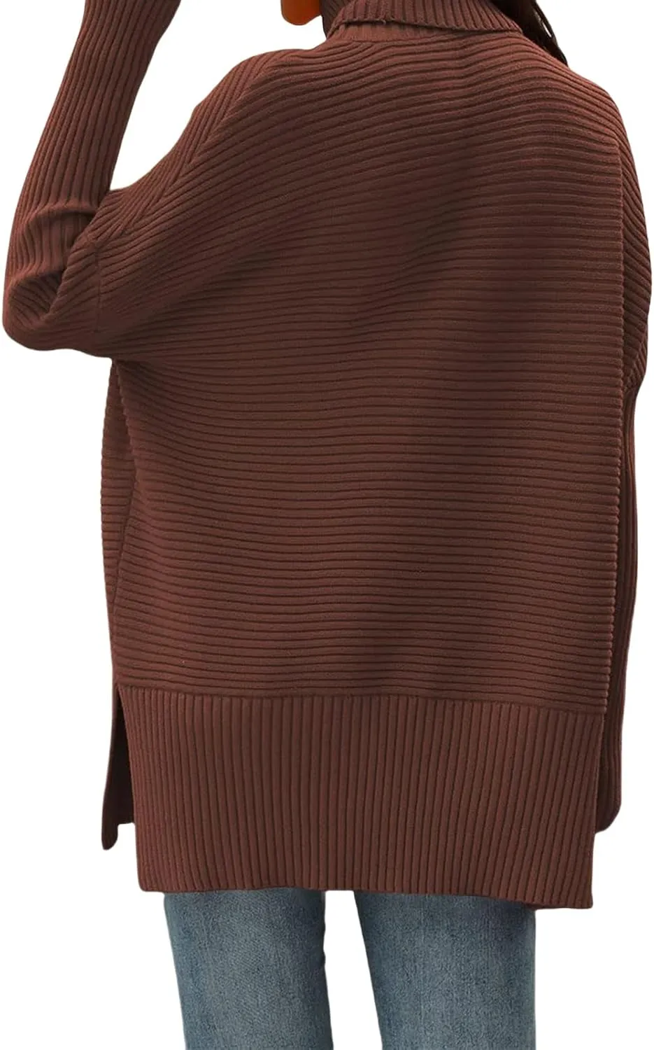 ZWRXW Women's Oversized Turtleneck Sweaters Batwing Sleeve Spilt Hem Tunic Pullover Trendy Winter Ribbed Knit Jumper Sweater