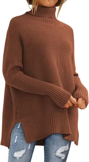 ZWRXW Women's Oversized Turtleneck Sweaters Batwing Sleeve Spilt Hem Tunic Pullover Trendy Winter Ribbed Knit Jumper Sweater