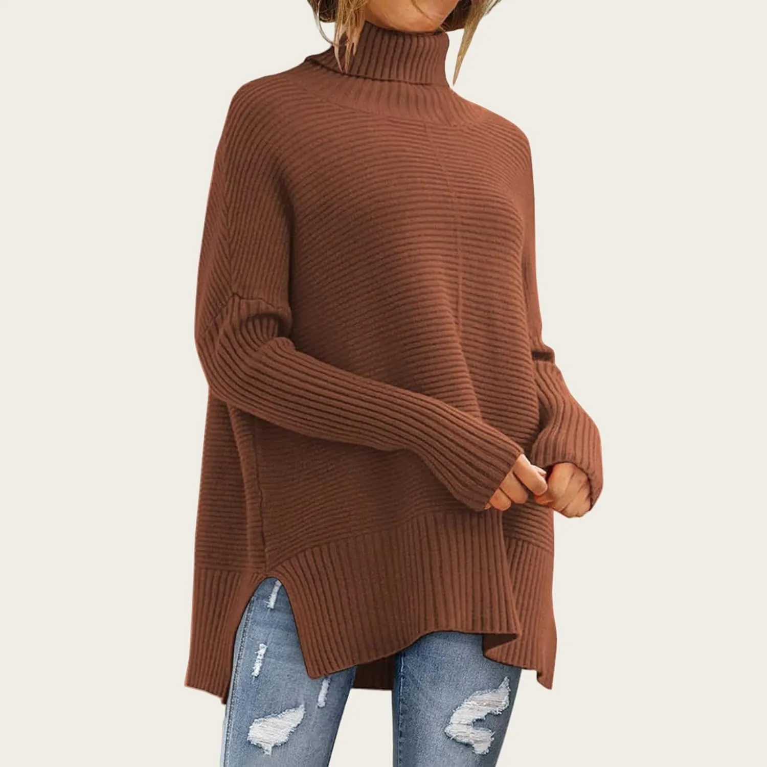 ZWRXW Women's Oversized Turtleneck Sweaters Batwing Sleeve Spilt Hem Tunic Pullover Trendy Winter Ribbed Knit Jumper Sweater