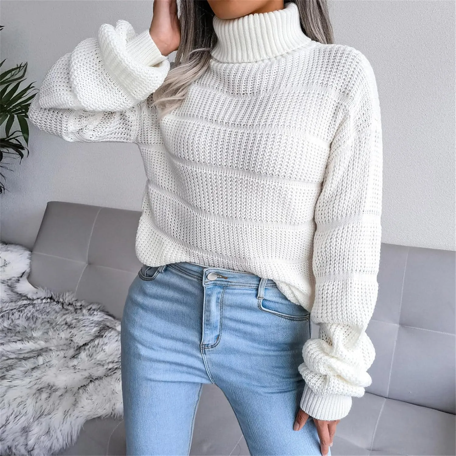 ZWRXW Womens Turtleneck Oversized Sweaters Long Sleeve Waffle Knit Pullover Casual Loose Fit Solid Chunky Jumper Tops
