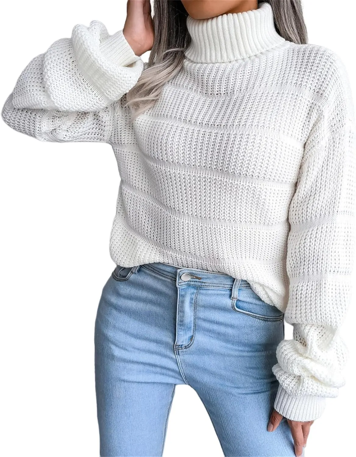 ZWRXW Womens Turtleneck Oversized Sweaters Long Sleeve Waffle Knit Pullover Casual Loose Fit Solid Chunky Jumper Tops